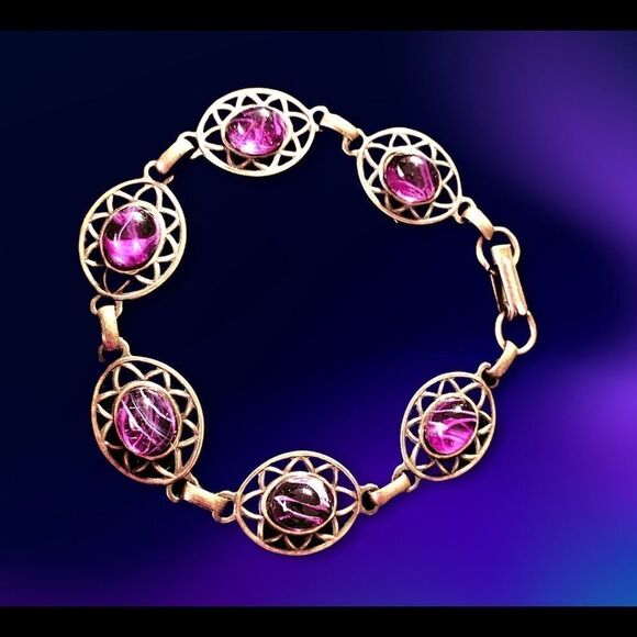 Vintage Banana Bob Victorian style ox gold open work amethyst cabashon bracelet - Picture 5 of 8